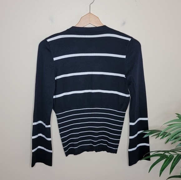 Carlisle | Black & White Striped Silk Blend Snap Front Cardigan Sweater - Picture 3 of 5
